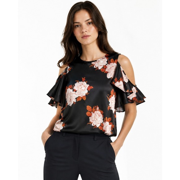 Ganni Tops - Ganni‎ Pation Satin Floral Cold Shoulder Ruffle Sleeve Blouse Black Pink Size 34